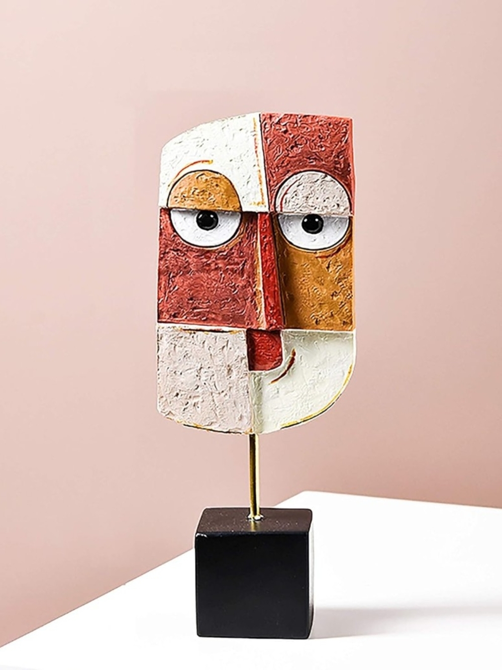 Modern Abstract Face Sculpture in Red, Cream, and Tan
